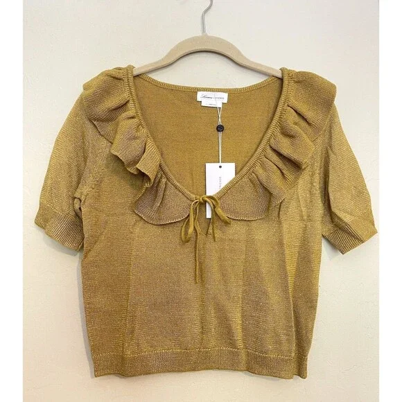 Lovers + Friends Blouse Ivy Crop Top Ruffle Trim Mustard Gold Size Small - Picture 1 of 4